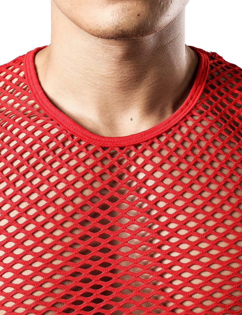 JOGAL Men's Mesh Fishnet Fitted Sleeveless Muscle Top Medium WG01 Red - Image 5